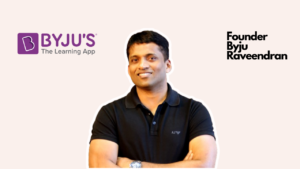 Byjus Raveendran with logo of byjus 