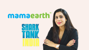 Ghazal Alagh with logos of shark tank and mama earth