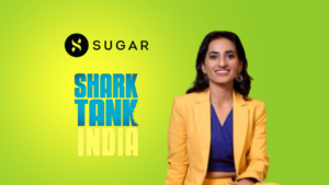 Vineeta singh with logos of shark tank india and sugar cosmetics